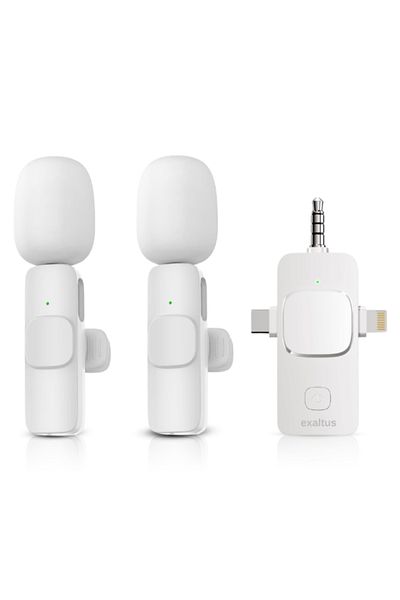 exaltus Set of 2 Professional Lavalier Microphones, ®, Usb C, 3.5 Jack, Lightning, Background noise reduction, 30m