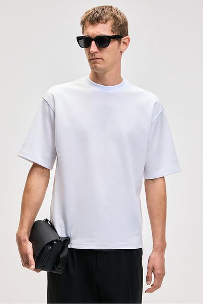 GRIMELANGE Hison Men's Relaxed Crew Neck Short Sleeve White T-Shirt