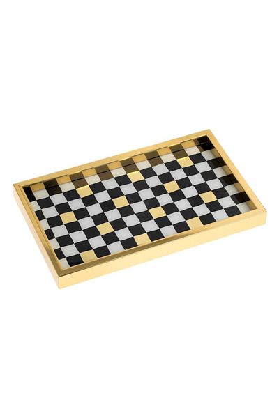 OEM Decorative Tray, Chessboard Pattern, Multicolor, 37x3x22cm, Gold Edge, Glass and Plastic
