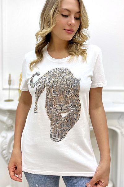 RICH GLAM Tiger Crystal Stone Plus Size Crew Neck Cotton White Stylish Women's Blouse Short Sleeve T-Shirt T-Shirt