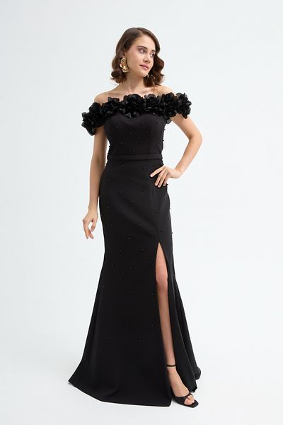 Lafaba Women's Black Floral Detail Slit Long Evening Dress