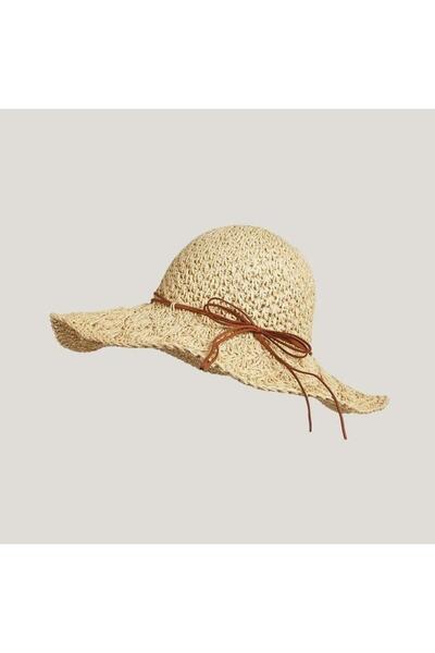 Axesoire 14633 Μπεζ Φαρδύ Ψάθινο Καπέλο - Με Δαντέλα Πλεξούδα και Λεπτομέρεια...