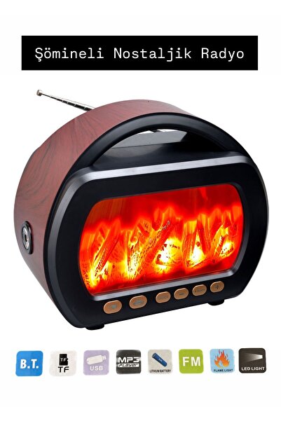 WASHA Şömineli Kahve Eskitme Ahşap Bluetoothlu Nostalji Radyo El Fenerli Şömine Bluetooth Speaker fm usb