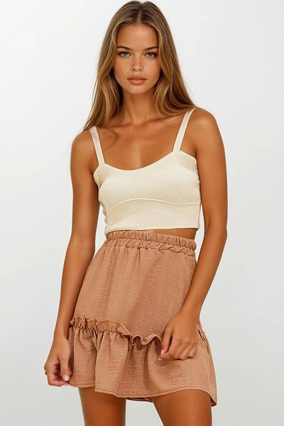 VAGGON Women's Camel Skirt Flounced Woven Linen Skirt Prmx11714
