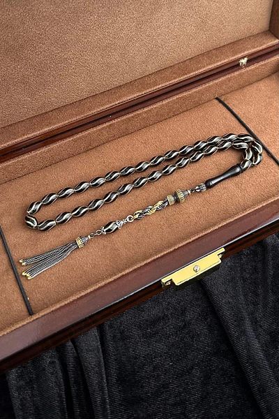 dergah tesbih Çeşm-I Nightingale Motif Silver Tassel Oltu Stone Rosary