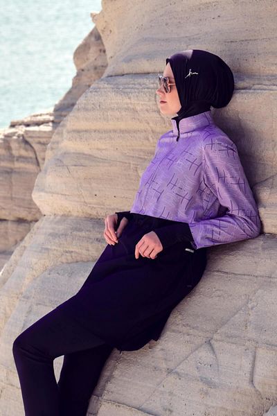Haşema Esila Monogram Patterned Lilac 5 Piece Full Hijab Swimsuit Set 2934