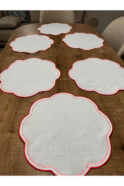 İNCİ ÇEYİZ 6 Pieces First Quality Linen Love Birds Matching Double Wrap Embroidered American Service Plate