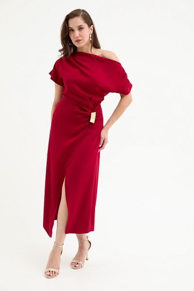 Lafaba Women's Burgundy Accessory Detail Midi Dress