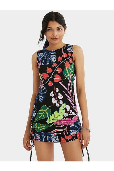 Desigual Karin short viscose dress with side cords for length adjustment, Multicolor, XL