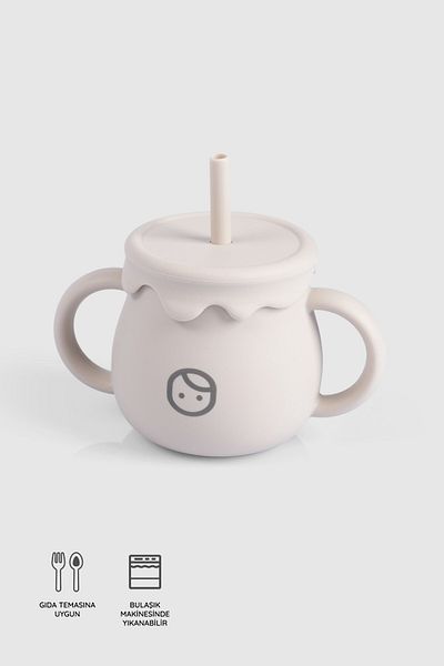 Little Gusto Silicone Water Bottle with Straw and Snack Cup Beige