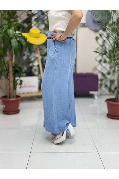 Punta Otantik Nc1136 Italian Italian Belted Linen Trousers Baby Blue