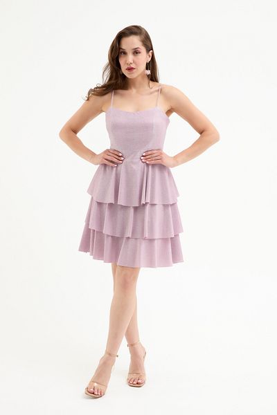 Lafaba Women's Powder Thin Strap Back Low-Cut Glitter Mini Homecoming Dress