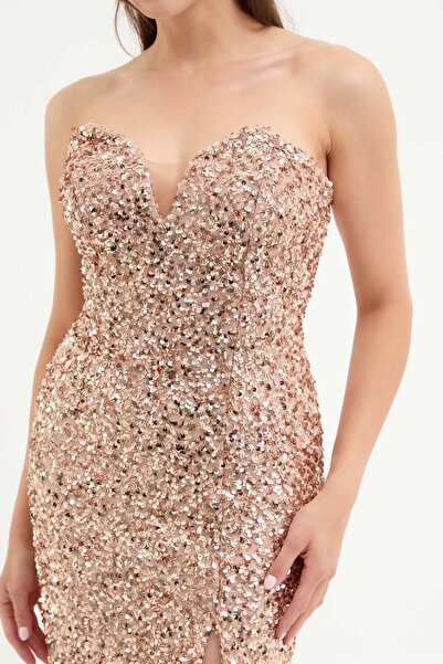 Lafaba Rochie de seară midi cu paiete cu paiete aurii pentru femei