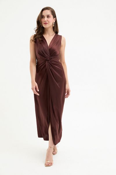 Lafaba Women's Brown Knot Detailed Midi Satin Dress