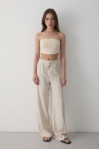 JASTE Women's Black Striped Linen Trousers with Elastic Waist