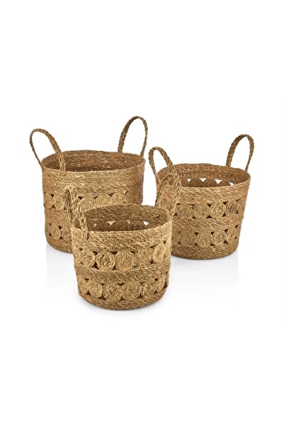Evistro Dekoratif Yuvarlak İki Desenli Kulplu Hasır Sepet Saksı 3 lü Set