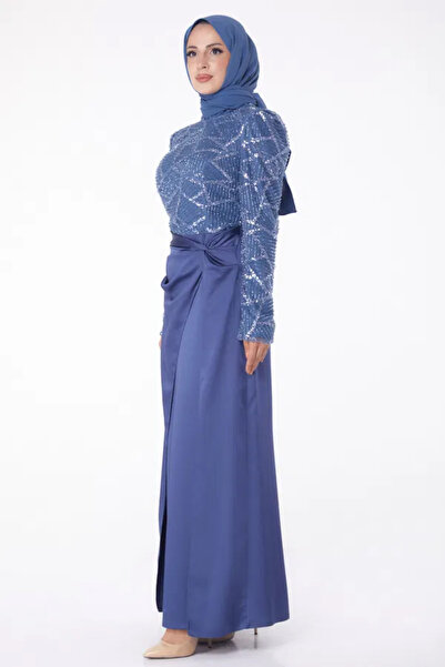 Butik Düz Hakim Yaka Kadın Mavi Taşlı Abiye Elbise