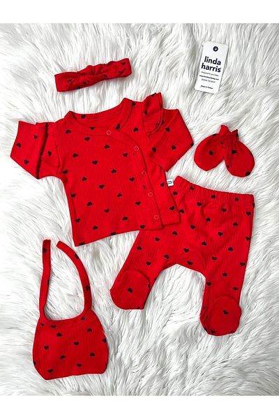 Linda Harris Red-Black Heart Pattern 5-Piece Baby Hospital Exit Set
