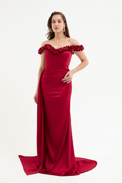 Lafaba Women's Burgundy Collar Floral Long Satin Evening Dress