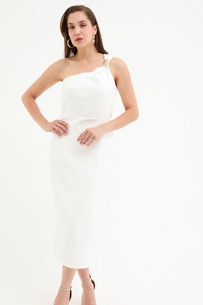 Lafaba Women's White Accessory Detail Midi Dress