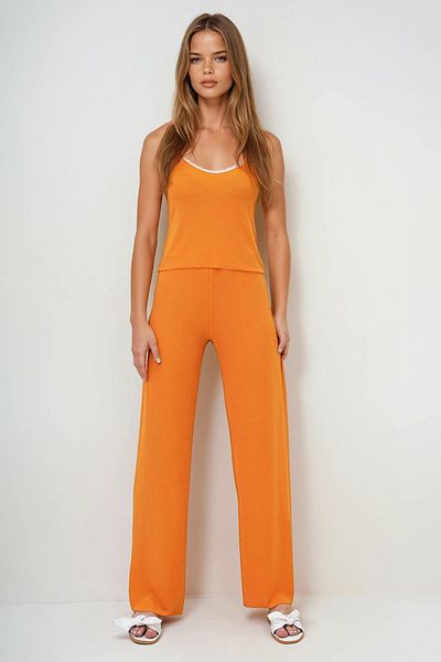 VAGGON Women's Orange Rope Strap Lace Detailed Blouse, Shorts and Trousers 3 Piece Set Pajama Set Pjmx13917