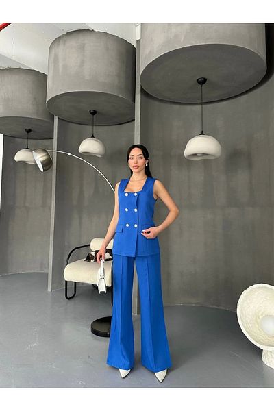 Myra Stone Button Blue Vest Pants Suit