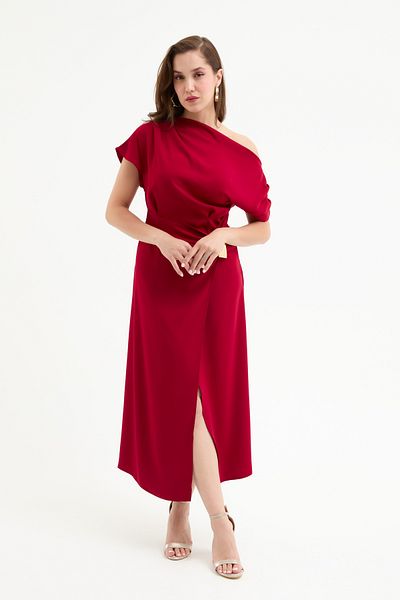 Lafaba Women's Burgundy Accessory Detail Midi Dress