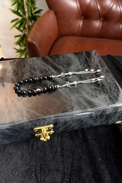 dergah tesbih Black Veined Yemen Agate Silver Design Zaza Rosary