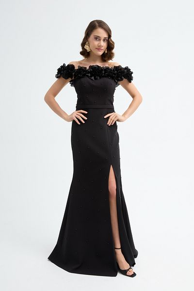 Lafaba Women's Black Floral Detail Slit Long Evening Dress