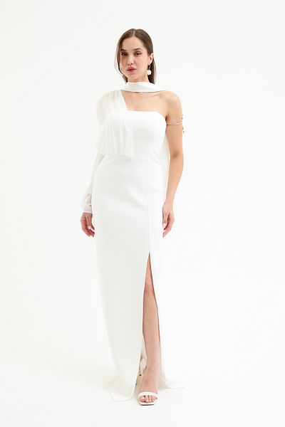 Lafaba Women's White One Sleeve Shawl Collar Slit Long Evening Dress