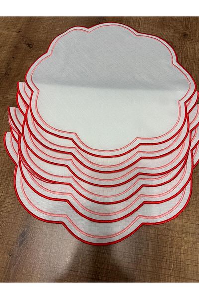 İNCİ ÇEYİZ 6 Pieces First Quality Linen Love Birds Matching Double Wrap Embroidered American Service Plate