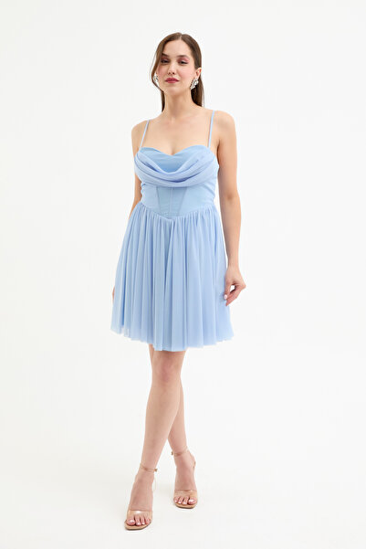 Lafaba Kadın Bebe Mavi Askılı Mini Mezuniyet Abiye Elbise