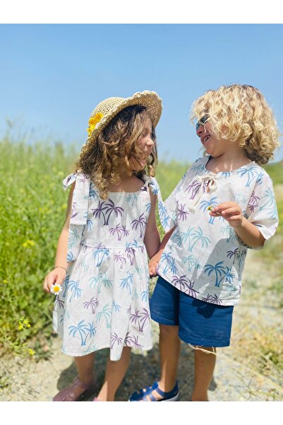 Little Pumpkin Palm Tree Patterned Girl's Summer Dress, Holiday Dress