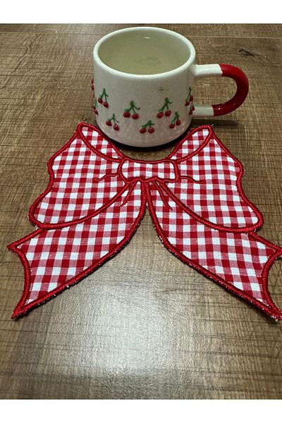 İNCİ ÇEYİZ 6 Pieces of Gingham Linen Bow Pattern Embroidered Coffee Side Cocktail Napkin & Coaster.