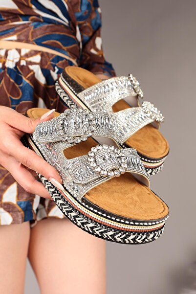 Birikon Diamond Stone Slippers Silver