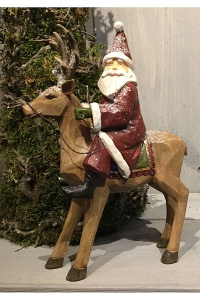 Clayre & Eef Santa Claus Figurine with Reindeer Polyresin Red Cream 20x7x26 cm