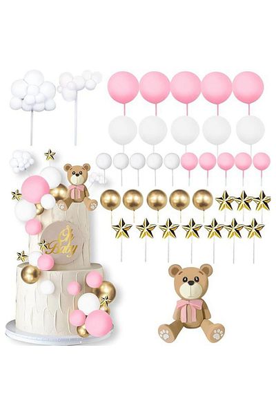 HASEPE Set of 38 HASEPE Pink Teddy Bear Cake Topper Decorations, for Baptism and Baby Shower, for Special