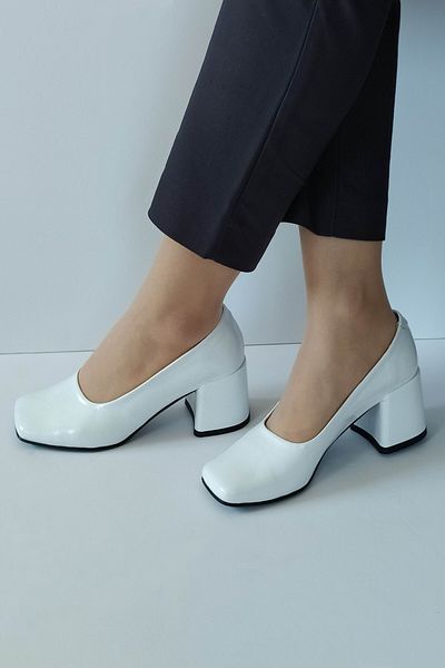 ERS Air Comfort Women's White Patent Leather Genuine Leather Classic Heeled Shoes Blunt Toe Simple Stylish