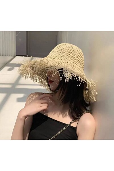 Axesoire 14552 Χειροποίητο πλεκτό ψάθινο καπέλο μπεζ με κρόσσια