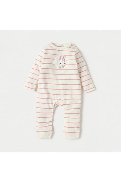 Juniors Striped Sleepsuit With Bunny Applique And Long Sleeves