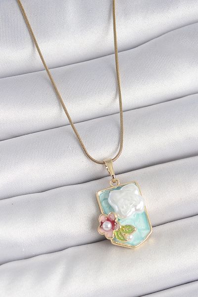 NEZADE STORE 316L Steel Gold Color Chain Blue Enamel Pearl Flower Embroidered Portrait Model Women's Necklace - Lisinya