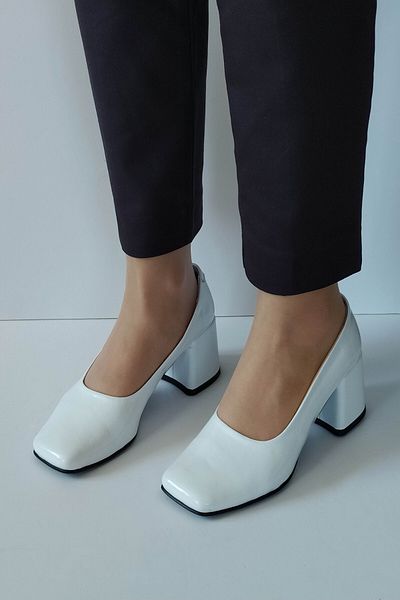 ERS Air Comfort Women's White Patent Leather Genuine Leather Classic Heeled Shoes Blunt Toe Simple Stylish