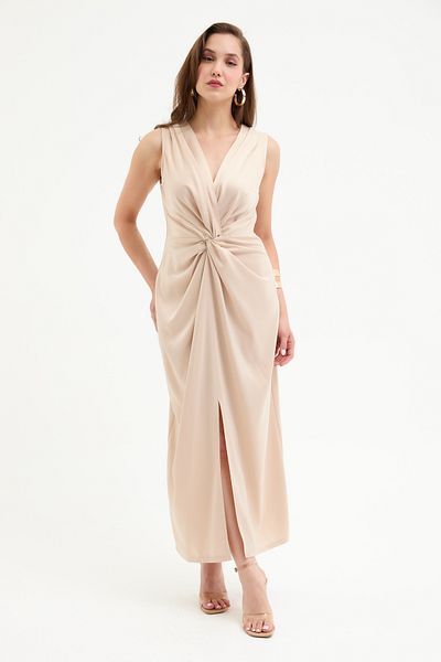 Lafaba Women's Beige Knot Detailed Midi Satin Dress
