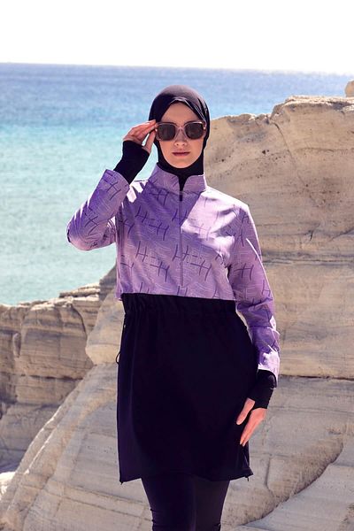 Haşema Esila Monogram Patterned Lilac 5 Piece Full Hijab Swimsuit Set 2934