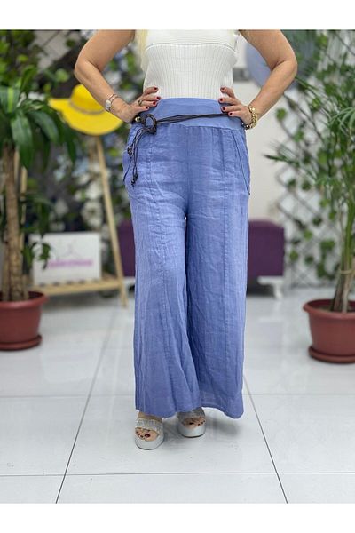 Punta Otantik Nc1136 Italian Italian Belted Linen Trousers Blue