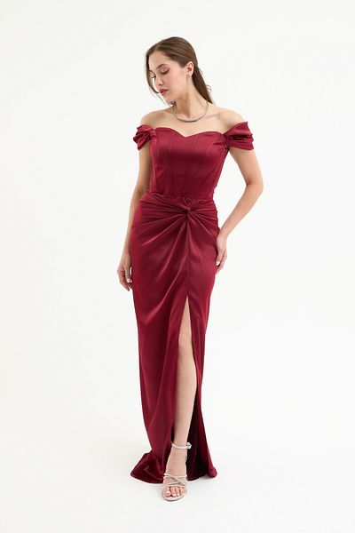 Lafaba Women's Burgundy Underwire Corset Long Satin Evening Dress