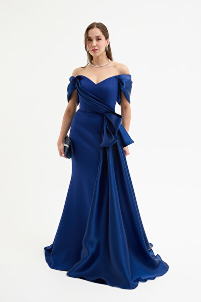 Lafaba Жіноче синє плаття з човниковим коміром і шлейфом