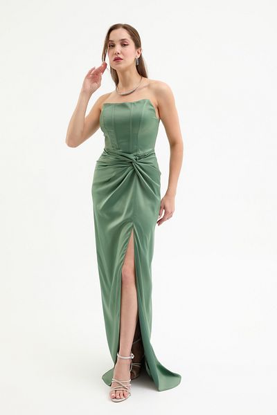 Lafaba Women's Khaki Double Breasted Lined Satin Long Evening Dress with Woven Corset Detail