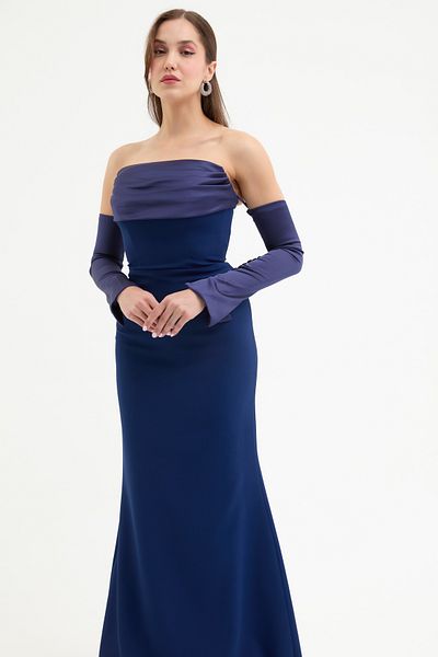 Lafaba Women's Navy Blue Collar Detailed Fish Evening Dress