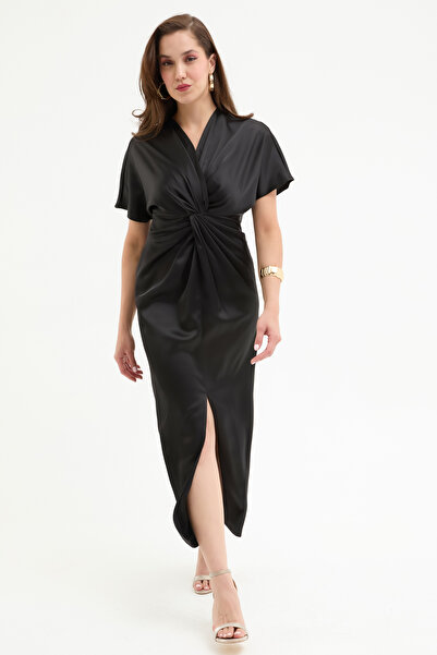 Lafaba Kadın Siyah Düğüm Detaylı Midi Saten Elbise